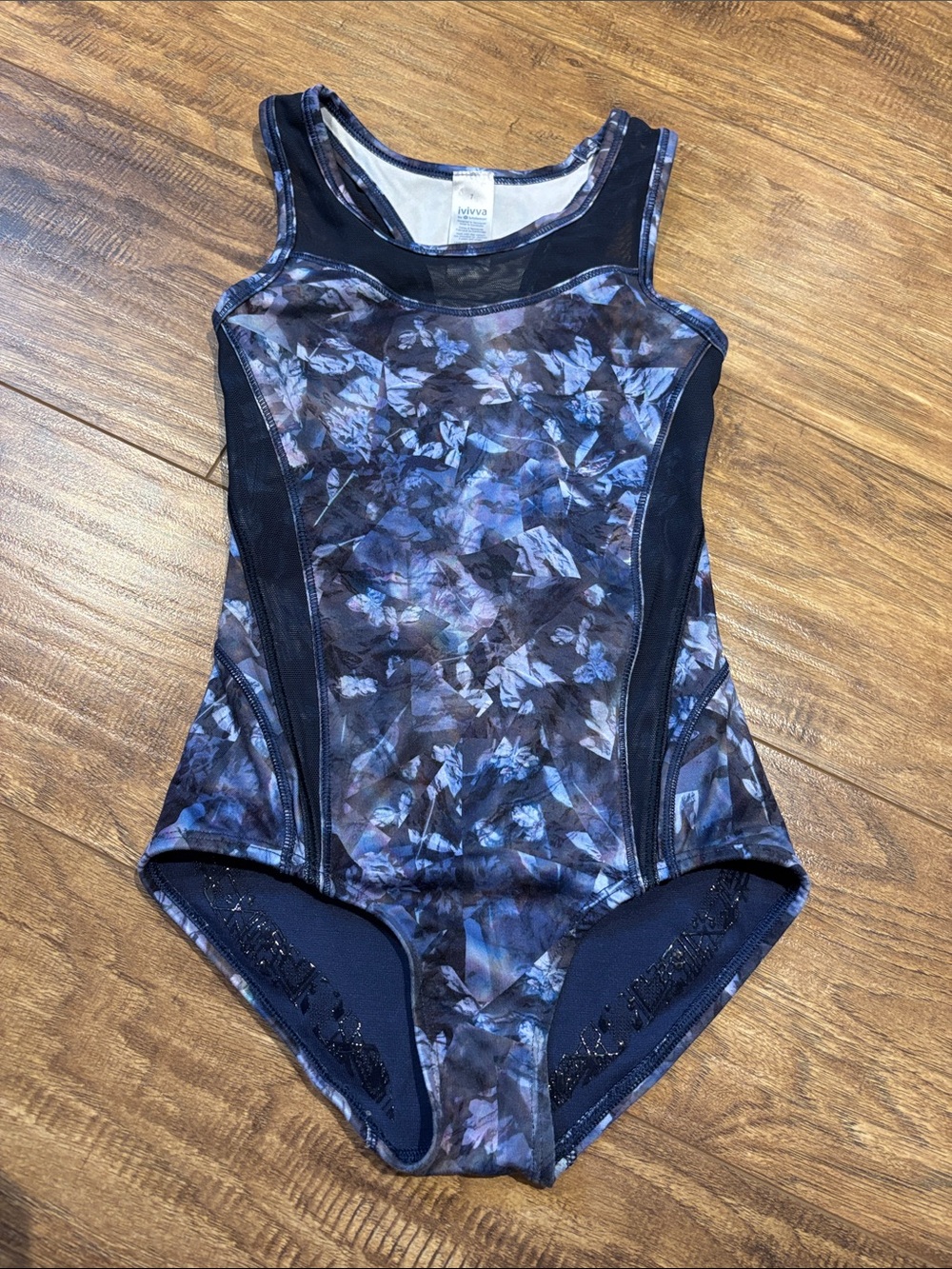 Ivivva Girls Black and Blue Floral mesh detail Athletic Leotard